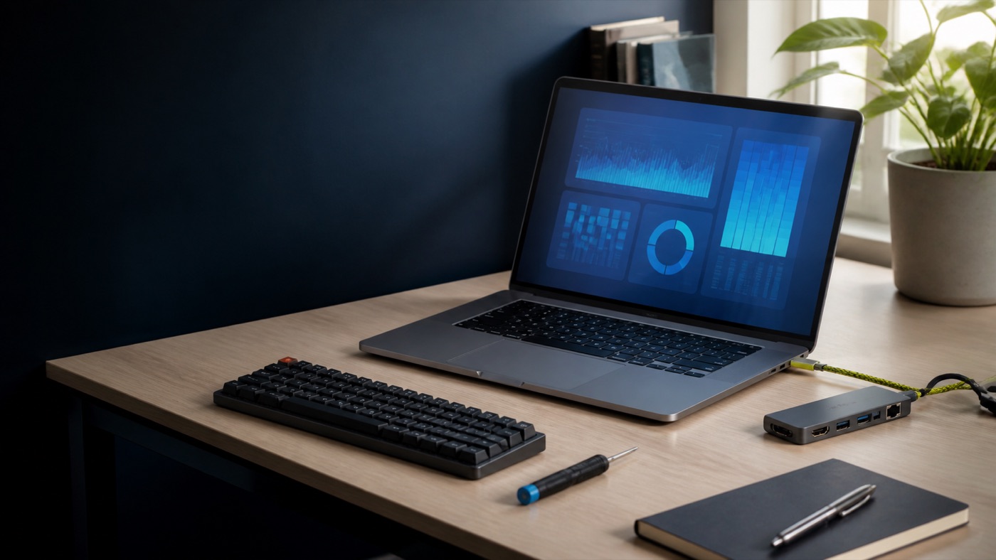 Laptop und Notizen auf einem Technikarbeitsplatz